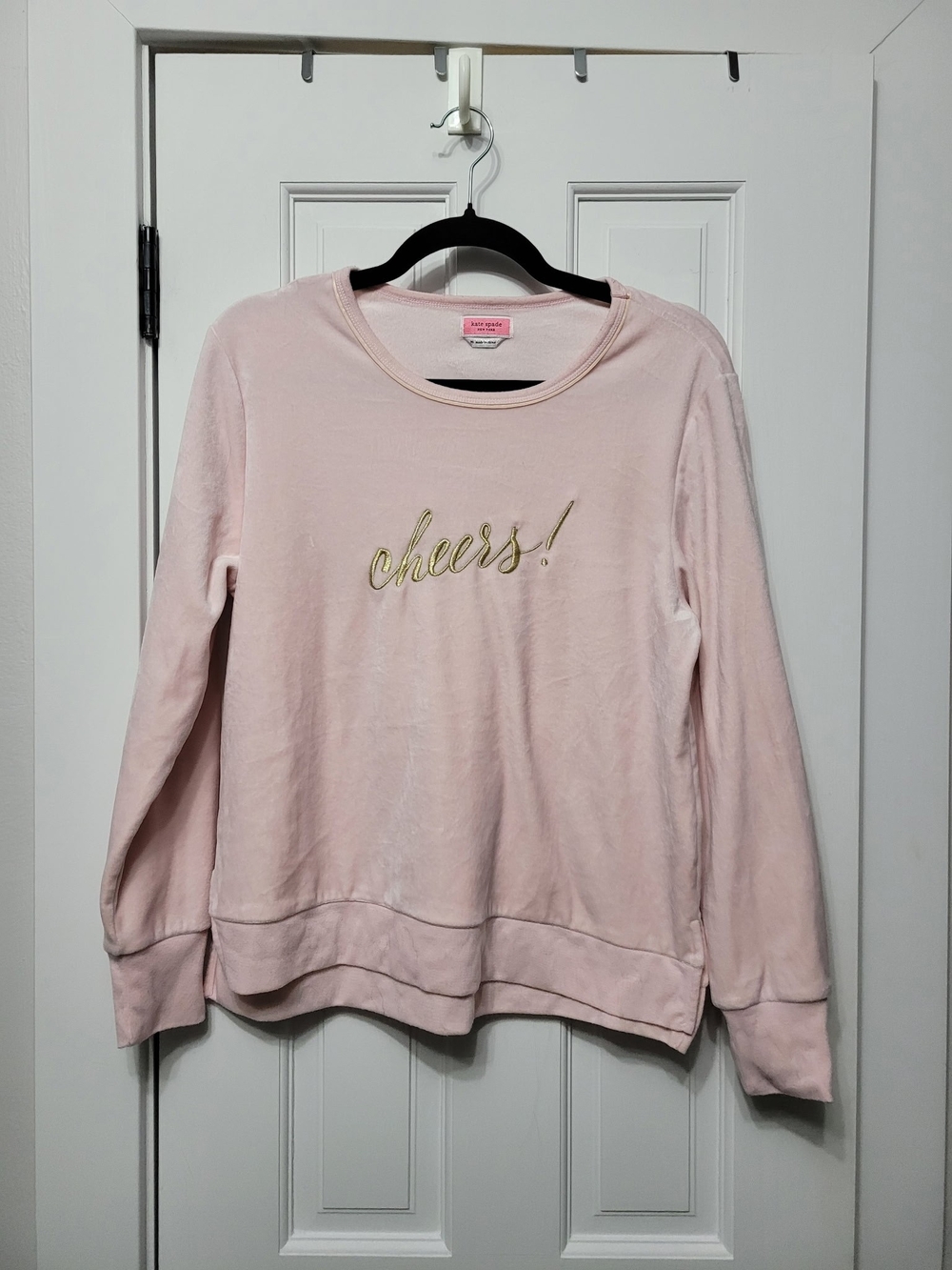 kate spade Pink Crewneck Sweatshirt with Gold "cheers!" Script